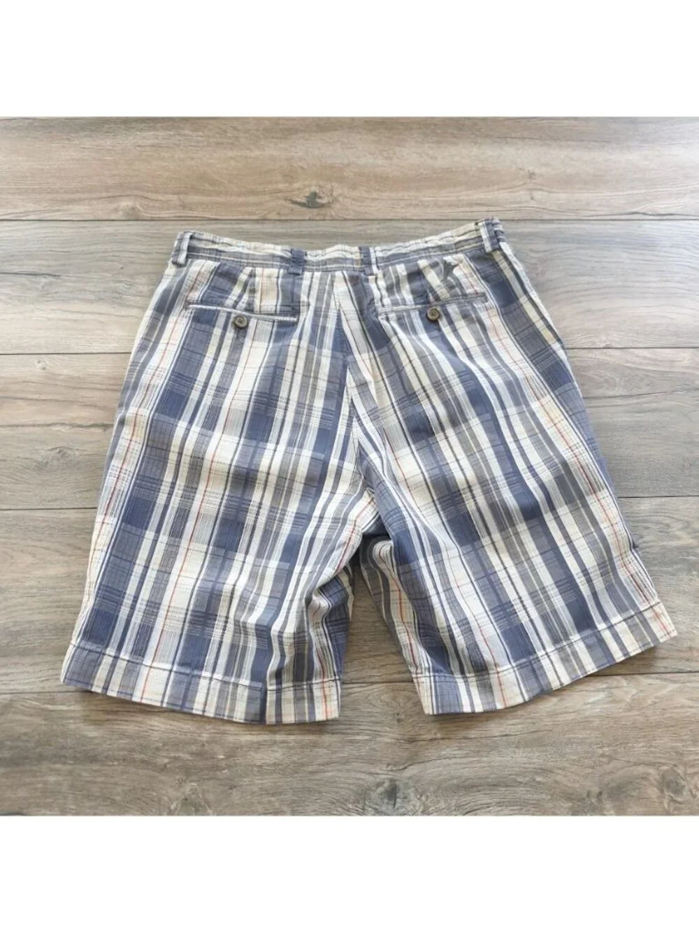 Tommy Bahama Mens Plaid Bermuda Shorts Blue White Orange Size 32 Casual Beach